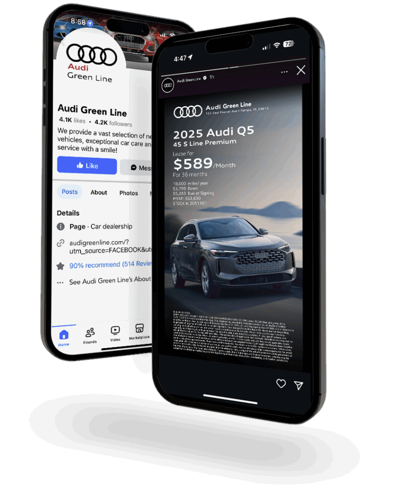 2 iphones displaying Audi social media