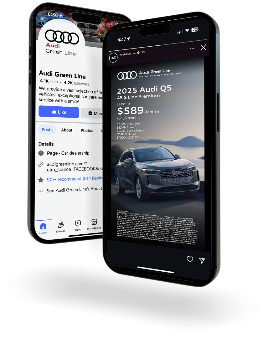 2 iphones displaying Audi social media