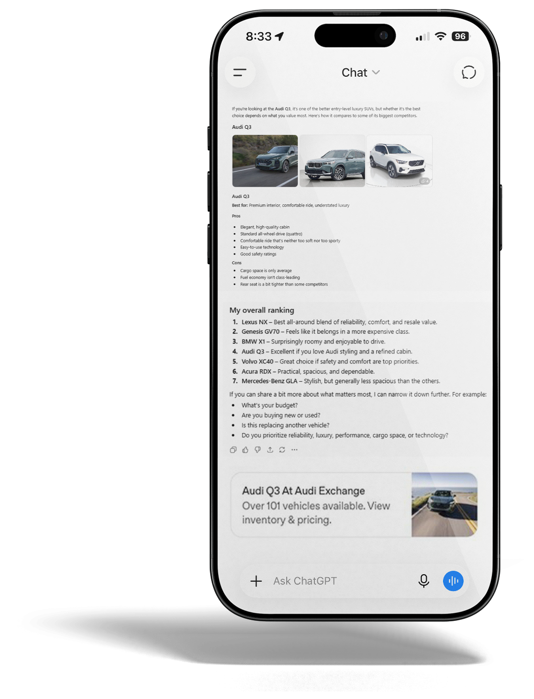ChatGPT ads mockup on an iphone