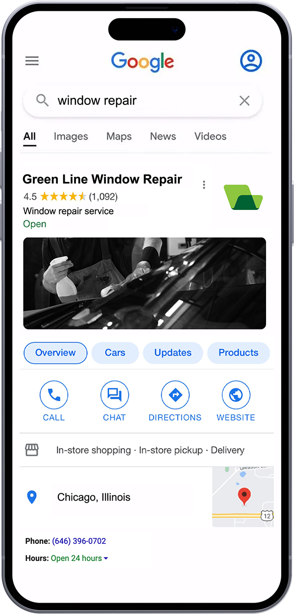 Iphone mockup of a window repair Google search, with a 
