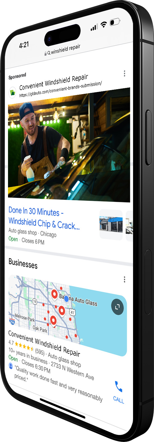 Iphone mockup of Convenient Windshield Repair Service listing on Google